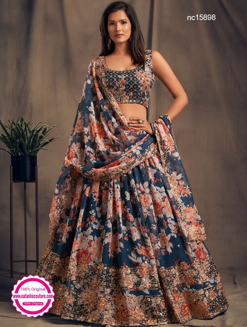 Blue Organza Floral Lehenga Choli ...